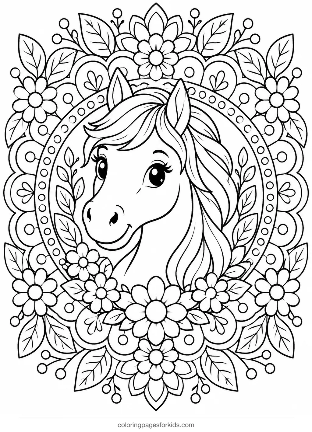 Horse coloring page of a horse head inside a floral mandala, detailed printable for ages 7-10