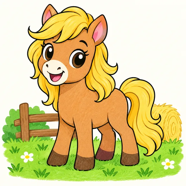Colored example of a cute pony standing in grass for horse coloring pages