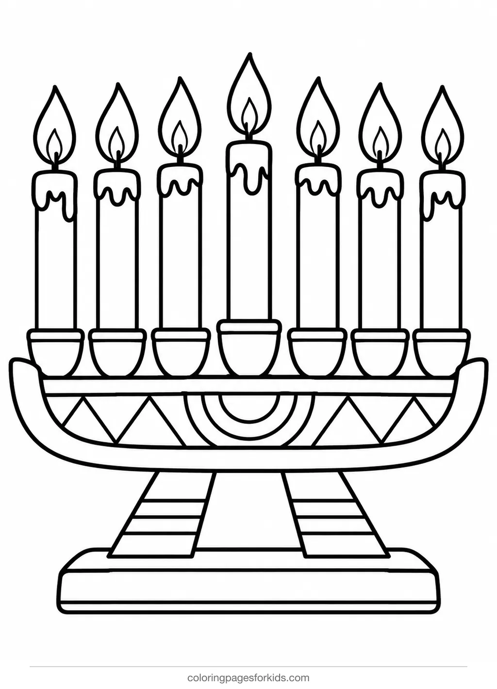 Kwanzaa coloring page of a kinara with seven candles, easy black-and-white printable for ages 3-5