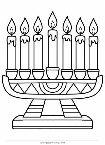 Kwanzaa coloring page of a kinara with seven candles, easy black-and-white printable for ages 3-5