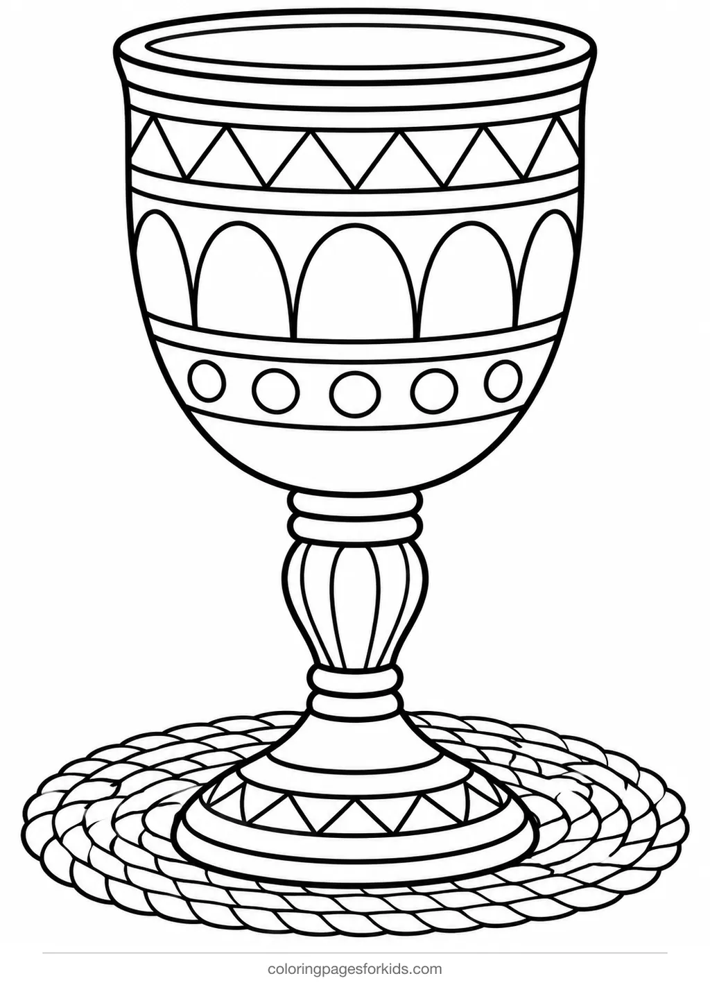 Kwanzaa coloring page of a unity cup on a woven mat, easy black-and-white printable for ages 3-5