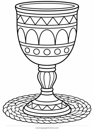 Kwanzaa coloring page of a unity cup on a woven mat, easy black-and-white printable for ages 3-5