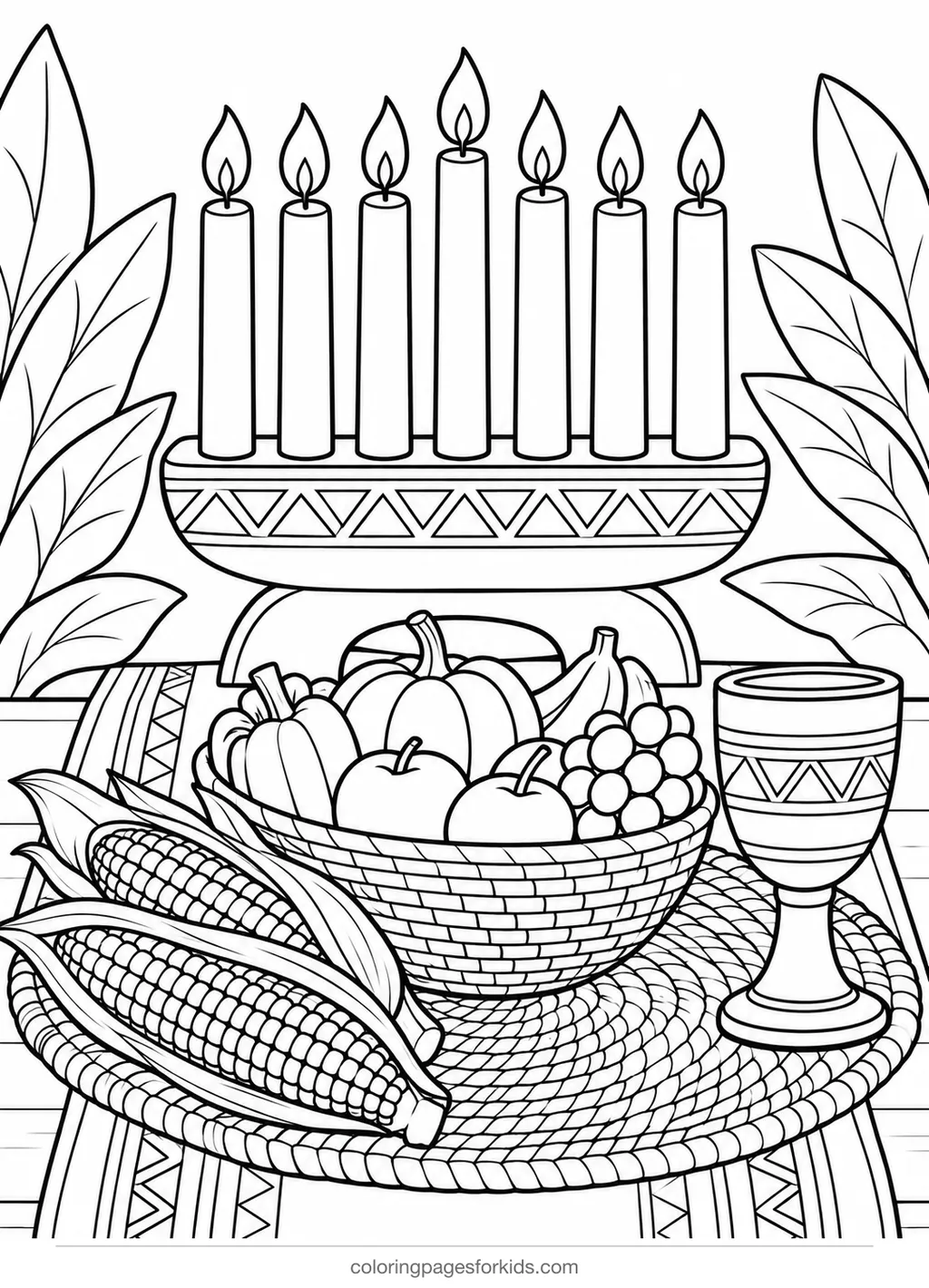 Kwanzaa coloring page of a kinara with corn and harvest fruits, medium printable for ages 5-7