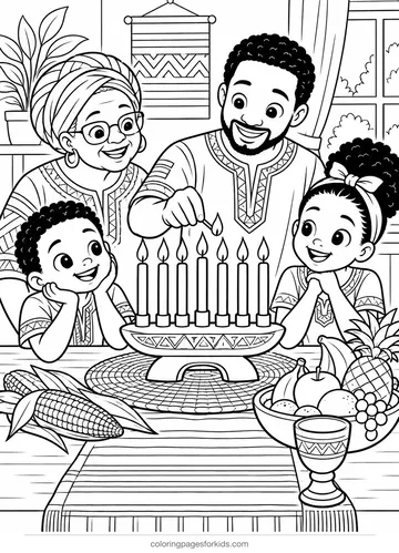 Kwanzaa coloring page of a family lighting the kinara, medium black-and-white printable for ages 5-7