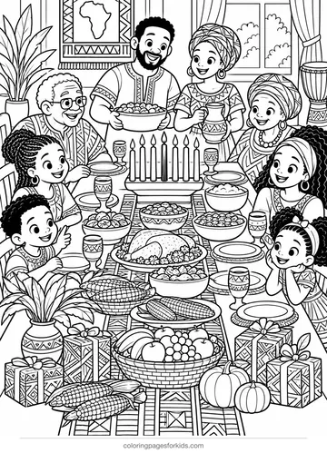 Kwanzaa coloring page of a harvest feast table, detailed black-and-white printable for ages 7-10