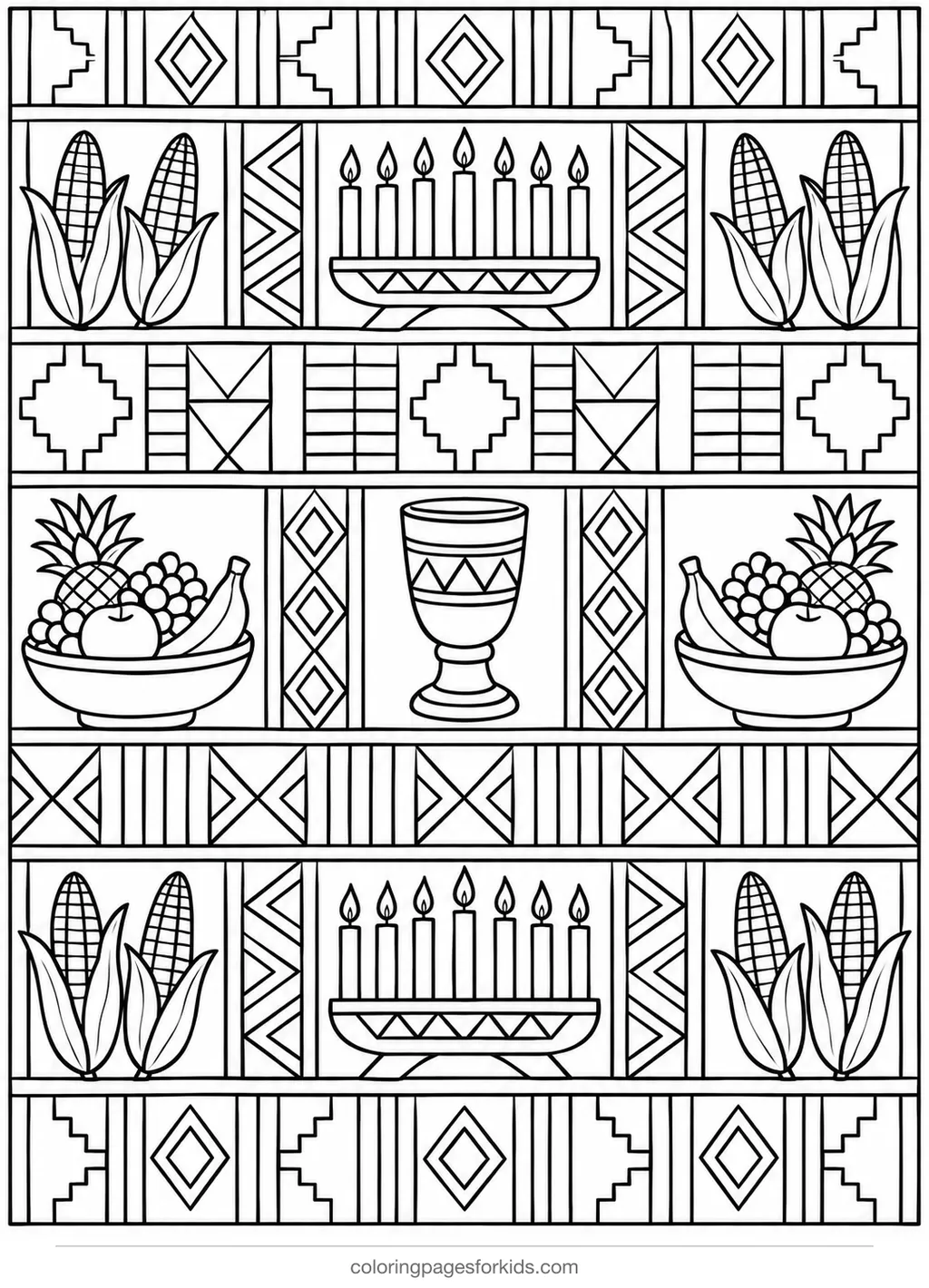 Kwanzaa coloring page of a kente-inspired pattern, detailed black-and-white printable for ages 7-10