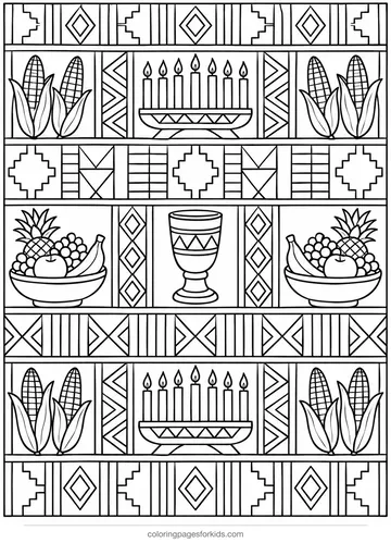 Kwanzaa coloring page of a kente-inspired pattern, detailed black-and-white printable for ages 7-10