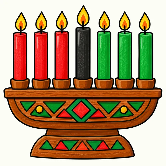 Colored example of a cute kinara with seven candles for Kwanzaa