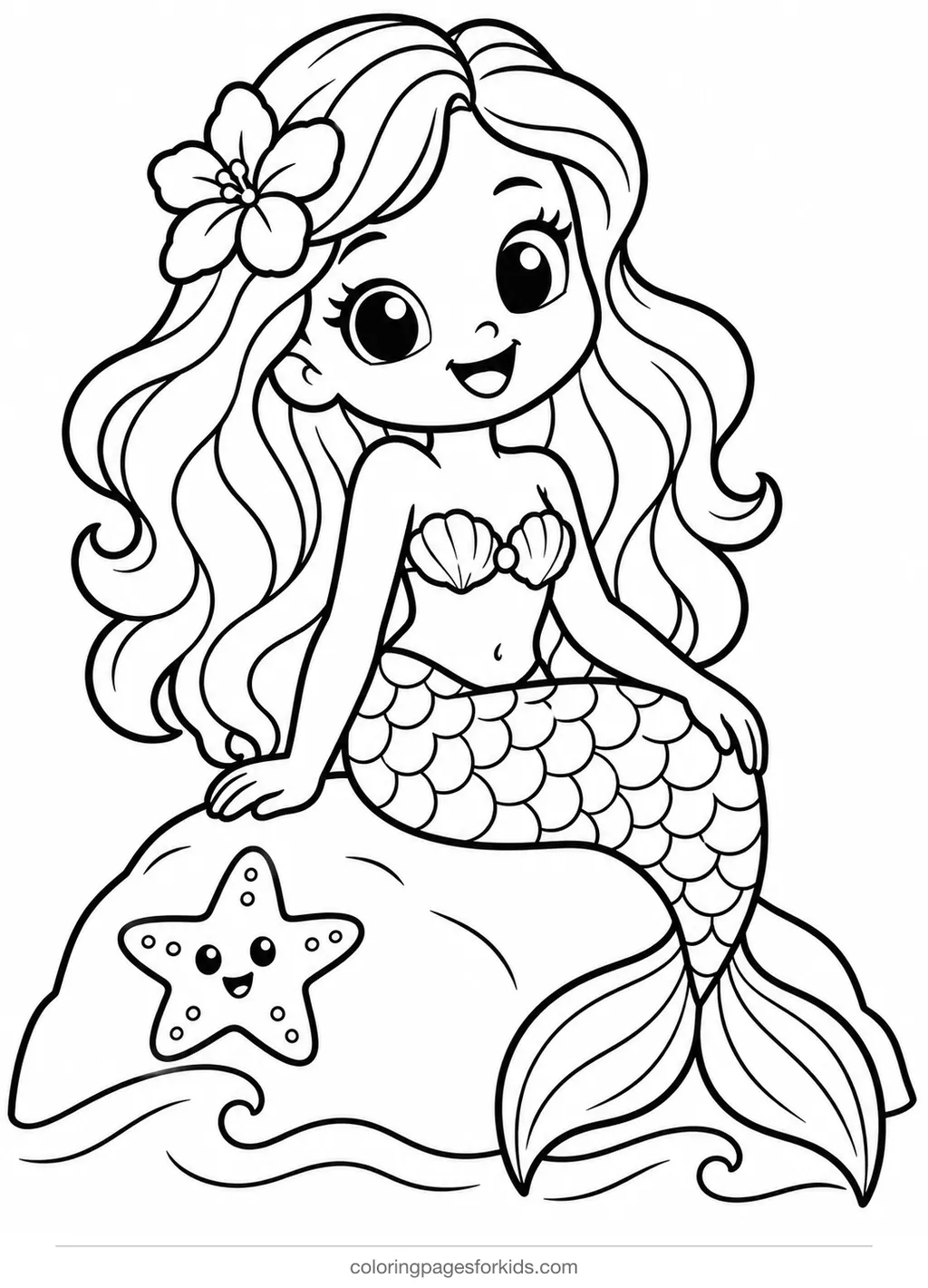 Mermaid coloring page of a smiling mermaid on a rock with waves, easy black-and-white printable for ages 3-5