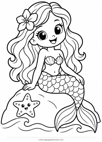 Mermaid coloring page of a smiling mermaid on a rock with waves, easy black-and-white printable for ages 3-5