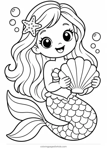 Mermaid coloring page of a mermaid holding a large seashell, easy black-and-white printable for ages 3-5