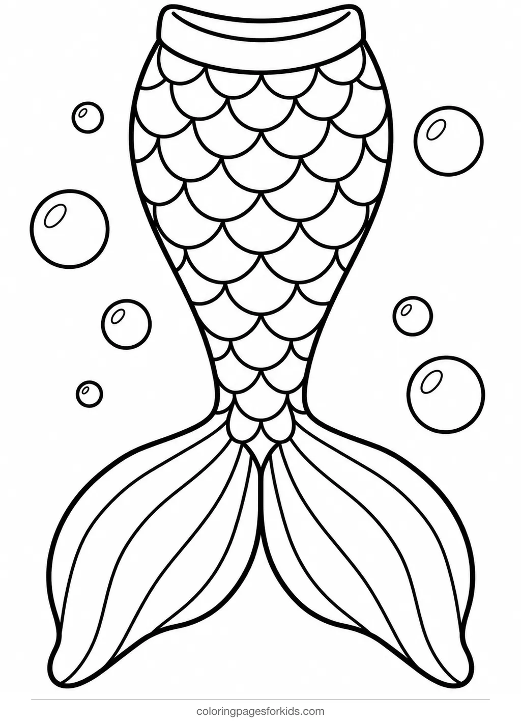 Mermaid tail coloring page with large scales and bubbles, easy black-and-white printable for ages 3-5