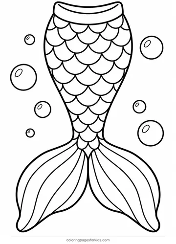 Mermaid tail coloring page with large scales and bubbles, easy black-and-white printable for ages 3-5