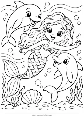 Mermaid coloring page of a mermaid swimming with two dolphins, medium black-and-white printable for ages 5-7