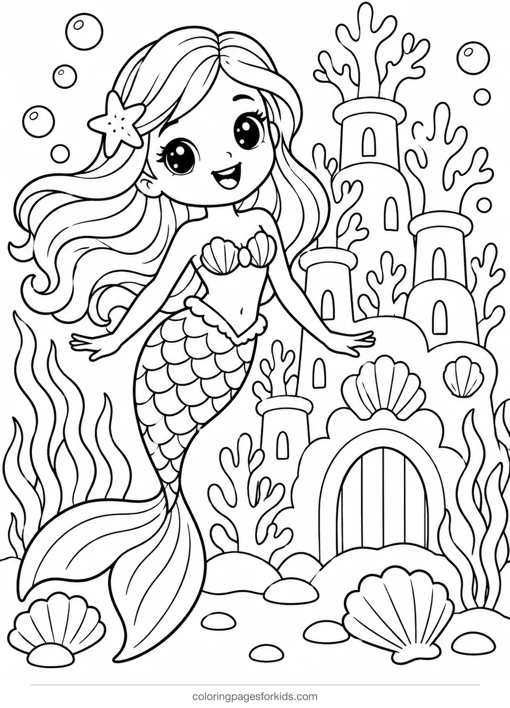 Mermaid coloring page of a mermaid by a coral castle, medium black-and-white printable for ages 5-7