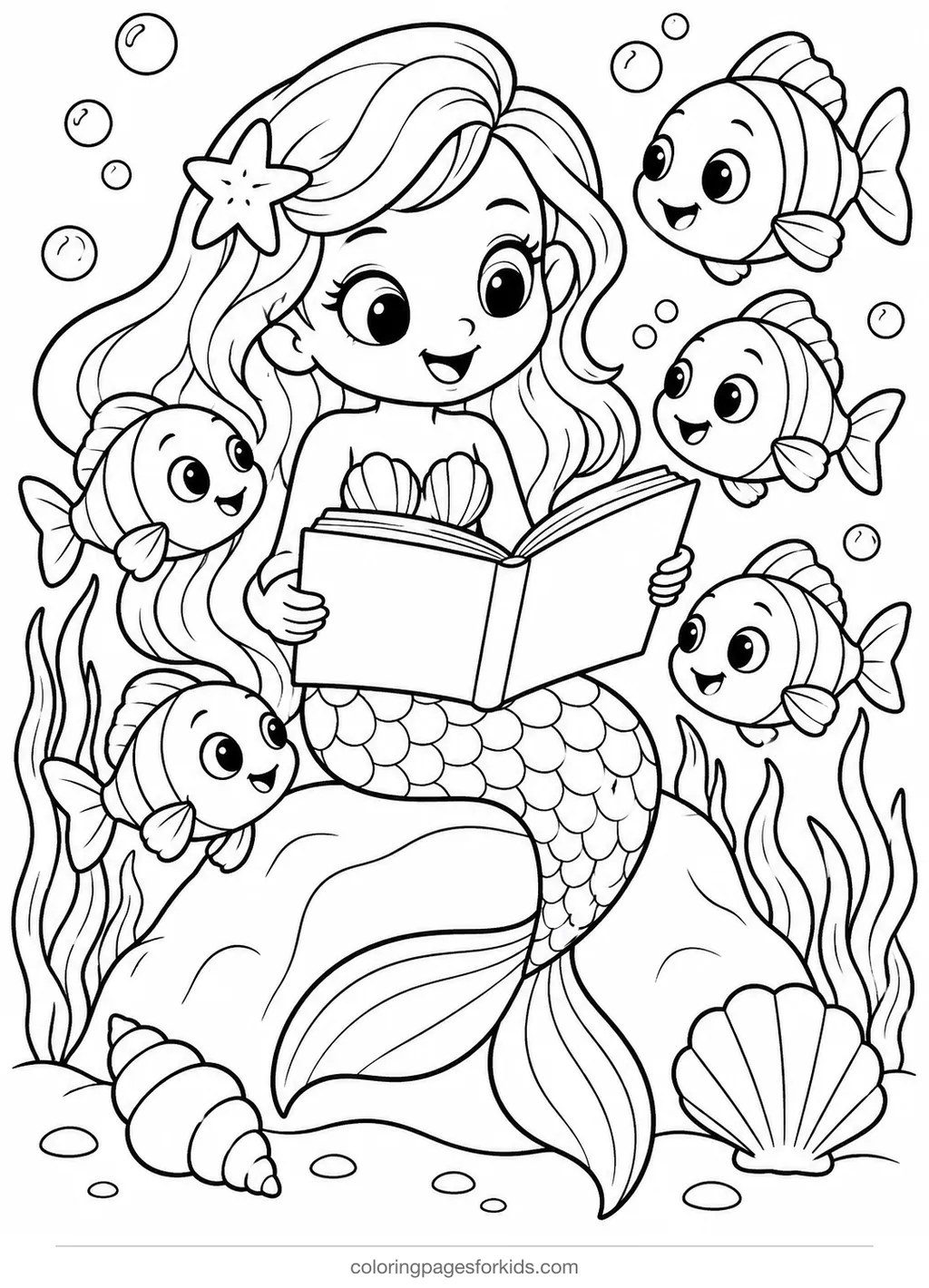 Mermaid coloring page of a mermaid reading to fish, medium black-and-white printable for ages 5-7