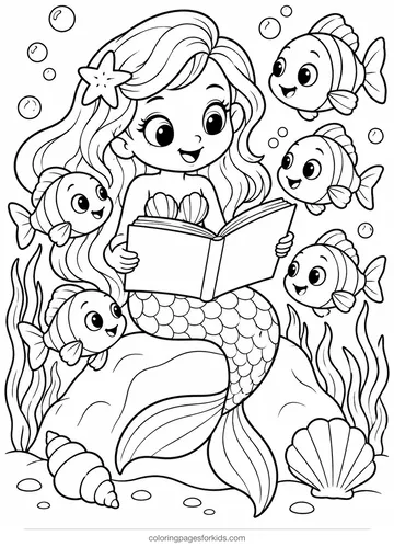 Mermaid coloring page of a mermaid reading to fish, medium black-and-white printable for ages 5-7