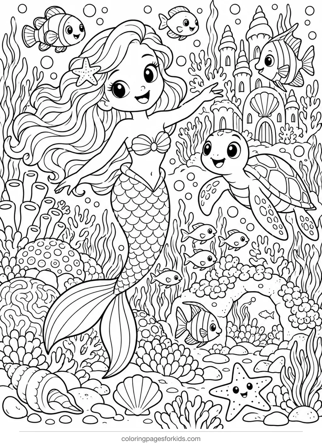 Mermaid coloring page of a reef with fish, turtle and coral, detailed black-and-white printable for ages 7-10