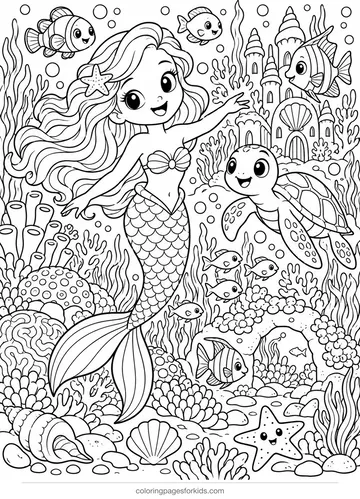 Mermaid coloring page of a reef with fish, turtle and coral, detailed black-and-white printable for ages 7-10