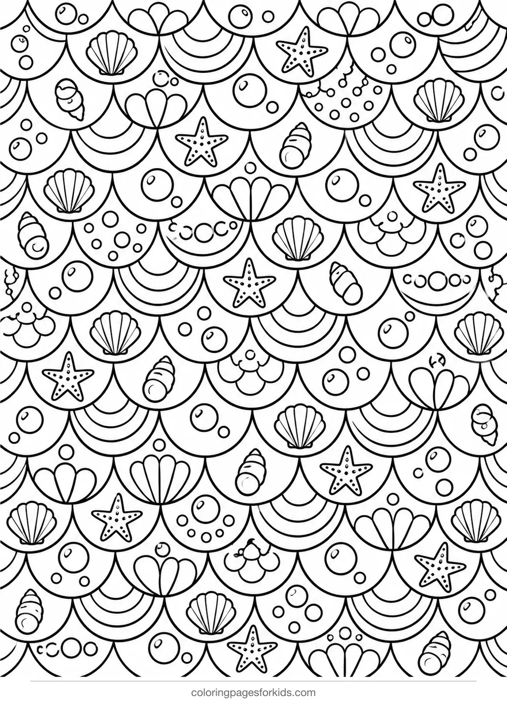 Mermaid coloring page of overlapping scales and bubbles, detailed black-and-white printable for ages 7-10