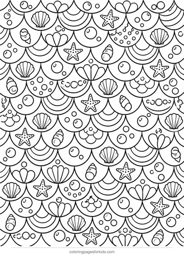 Mermaid coloring page of overlapping scales and bubbles, detailed black-and-white printable for ages 7-10