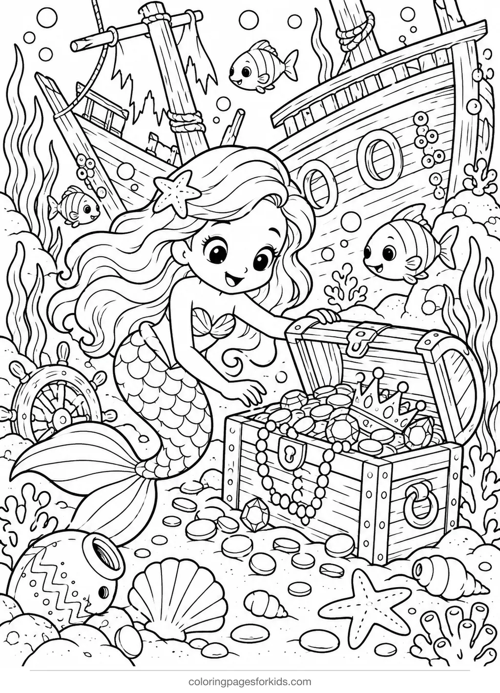 Mermaid coloring page of a mermaid finding treasure in a shipwreck, detailed black-and-white printable for ages 7-10