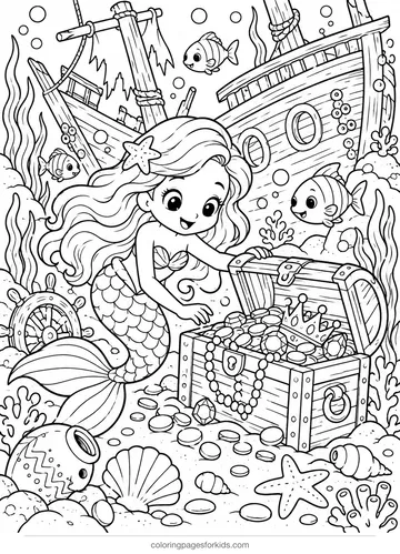 Mermaid coloring page of a mermaid finding treasure in a shipwreck, detailed black-and-white printable for ages 7-10