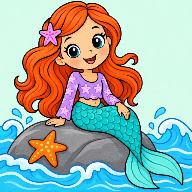 Colored example of a cute mermaid sitting on a rock with waves and a starfish