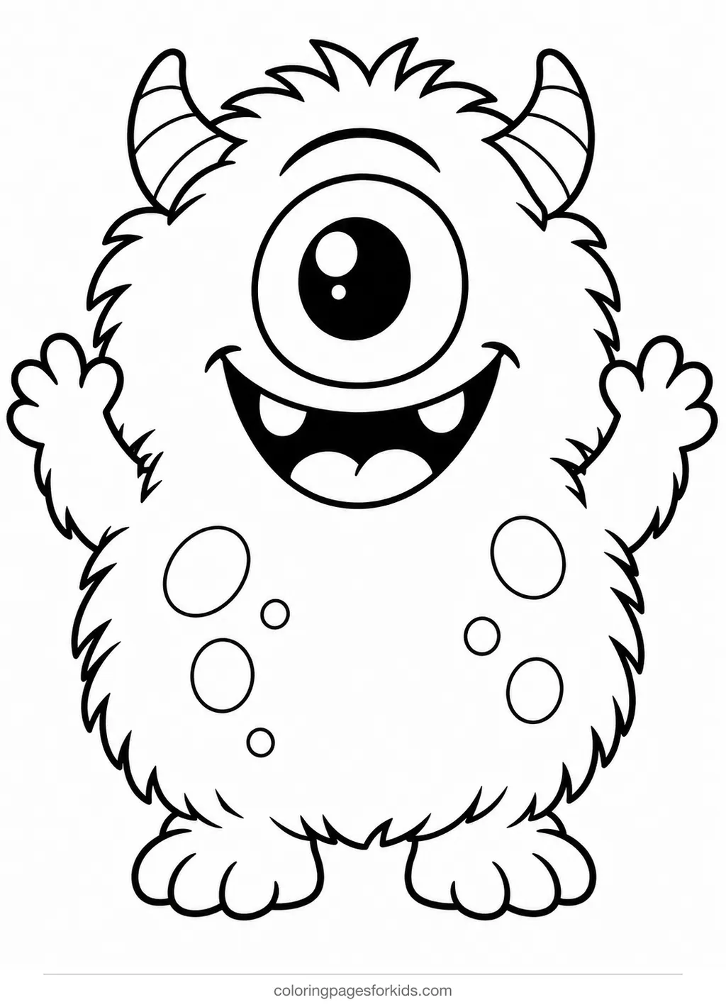 Monster coloring page of a one-eyed fuzzy monster, easy black-and-white printable for ages 3-5
