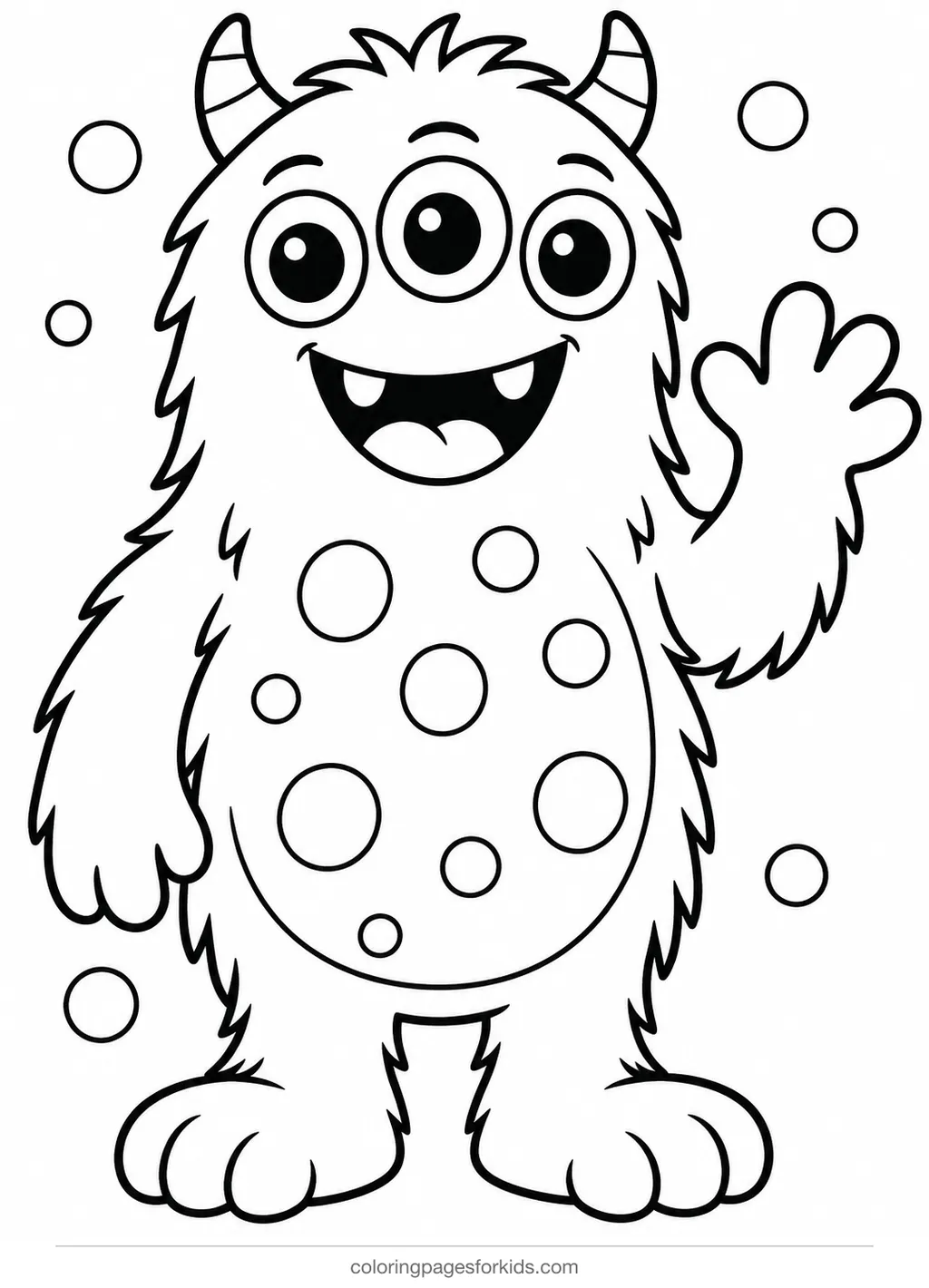 Monster coloring page of a three-eyed monster waving, easy black-and-white printable for ages 3-5