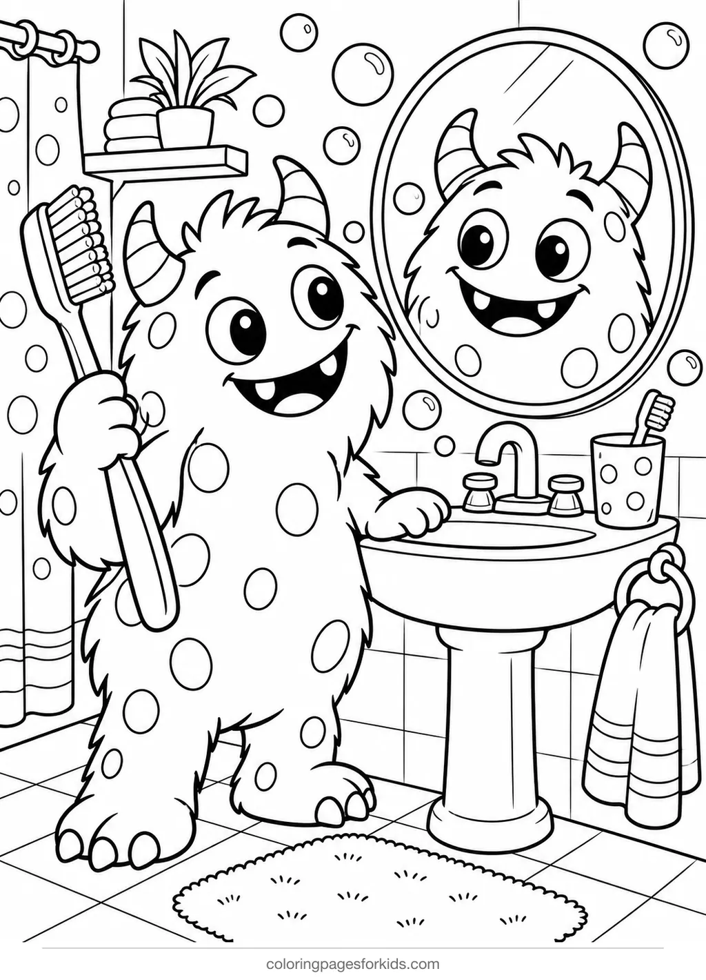 Monster coloring page of a monster brushing teeth, medium black-and-white printable for ages 5-7