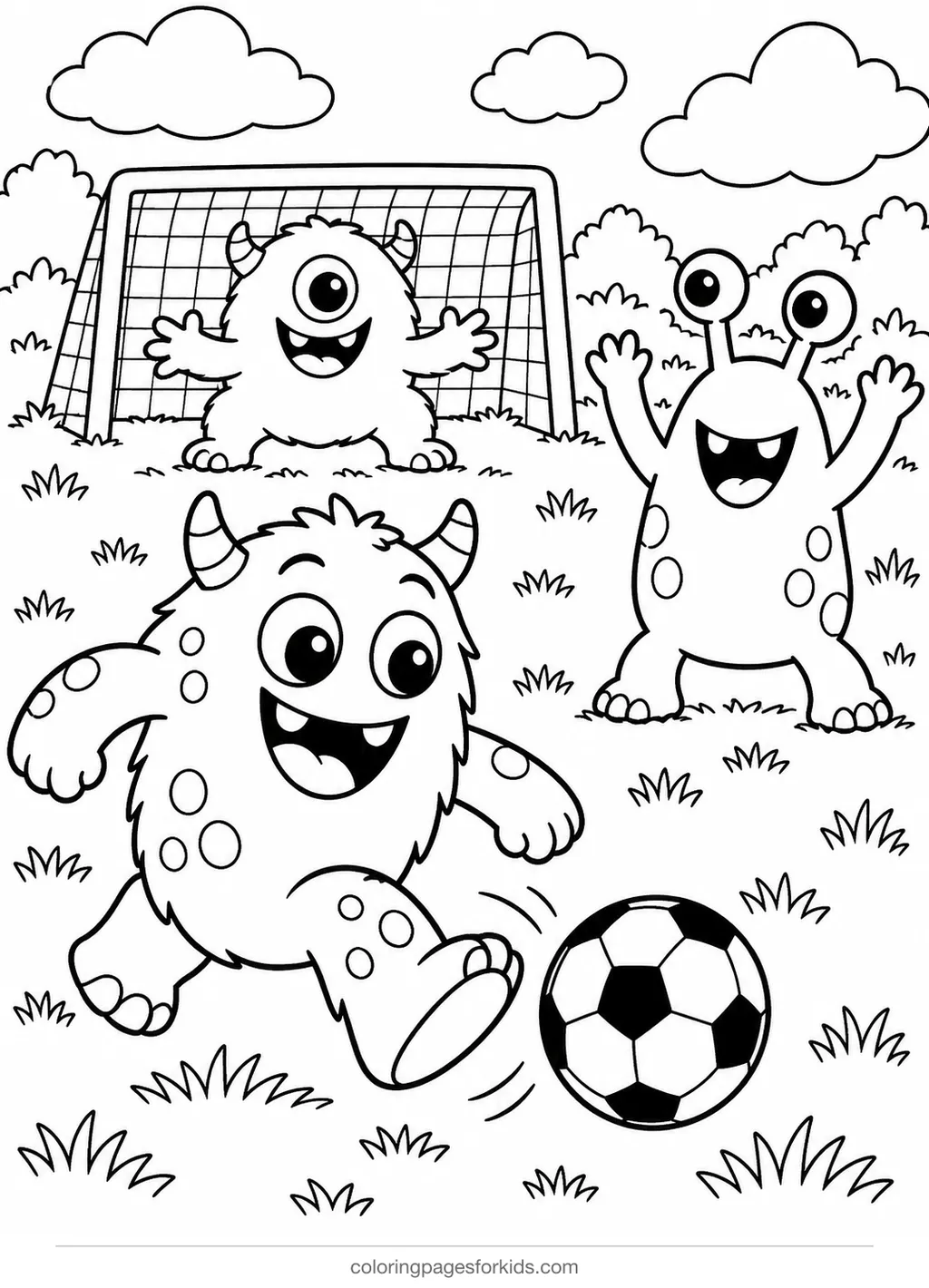 Monster coloring page of monsters playing soccer, medium black-and-white printable for ages 5-7