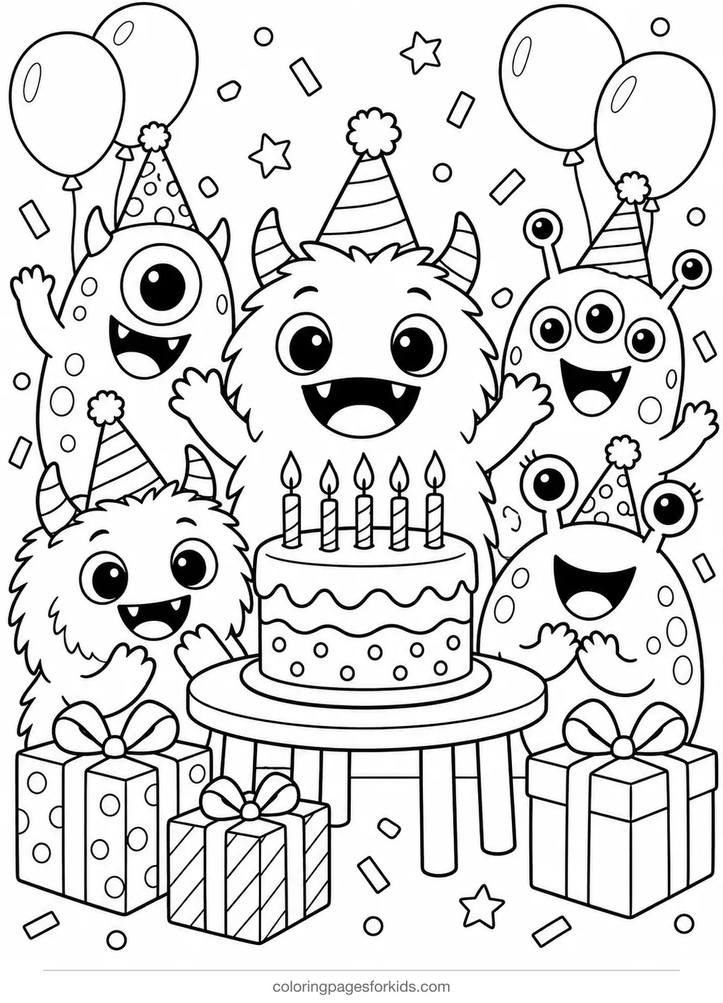 Monster coloring page of a monster birthday party, medium black-and-white printable for ages 5-7