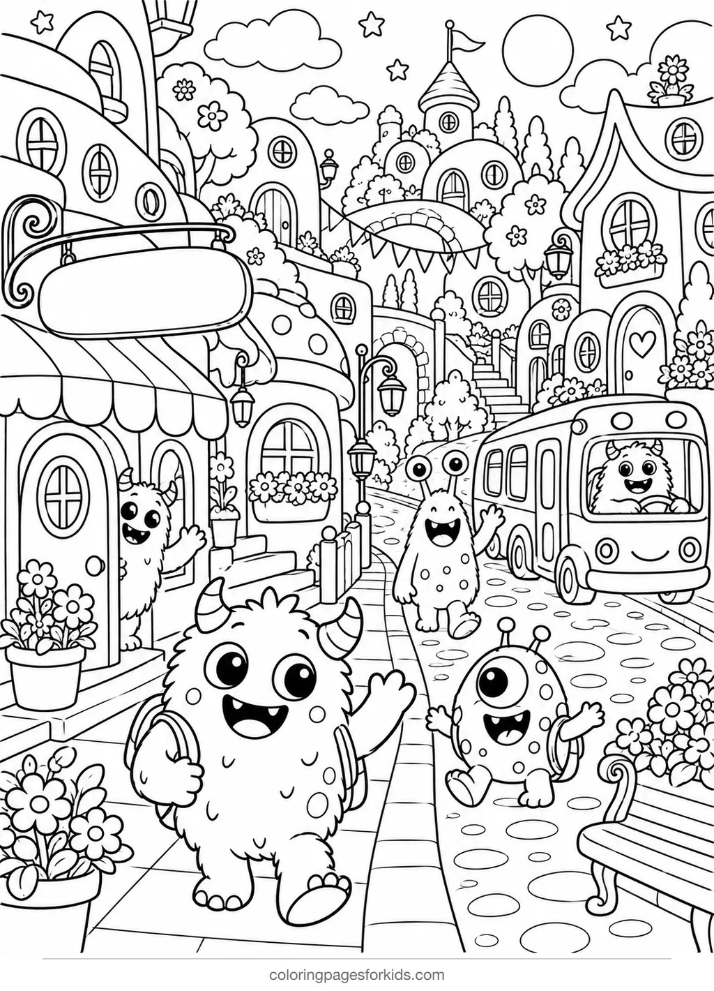Monster coloring page of a busy monster town street, detailed black-and-white printable for ages 7-10
