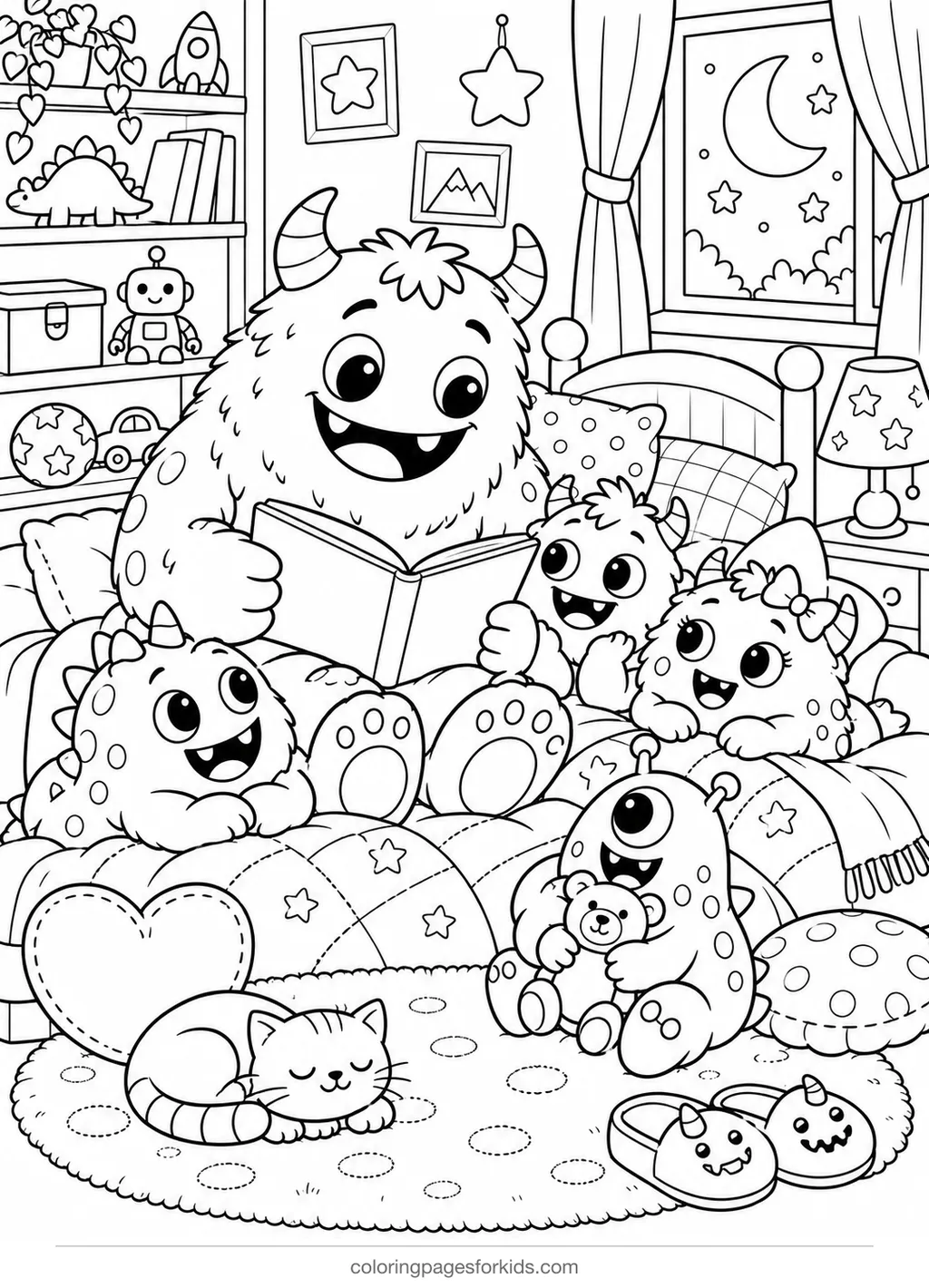 Monster coloring page of a bedtime story scene, detailed black-and-white printable for ages 7-10