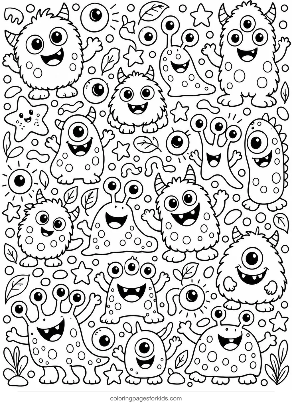 Monster coloring page of a monster doodle pattern, detailed black-and-white printable for ages 7-10