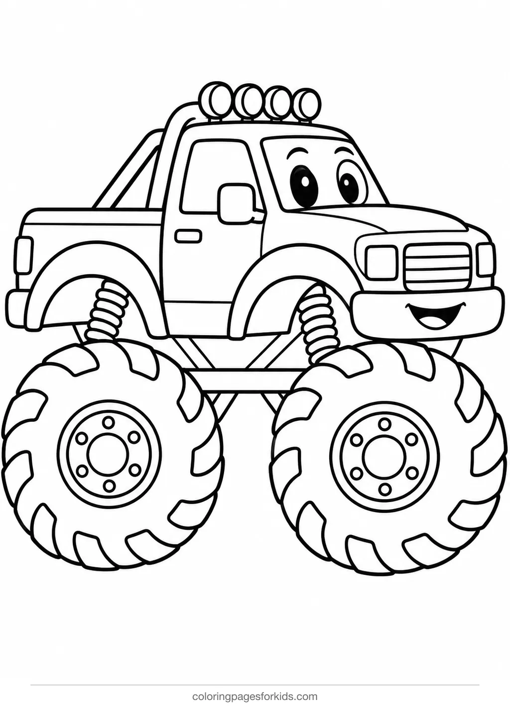 Monster truck coloring page of a simple side-view truck, easy black-and-white printable for ages 3-5