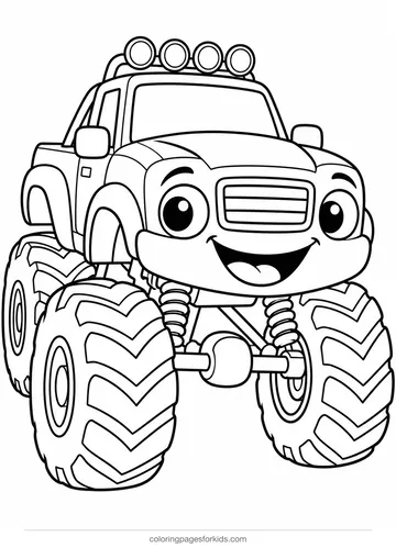 Monster truck coloring page of a smiling cartoon truck, easy black-and-white printable for ages 3-5