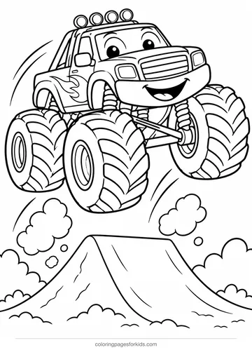 Monster truck coloring page of a truck jumping over a ramp, easy printable for ages 3-5