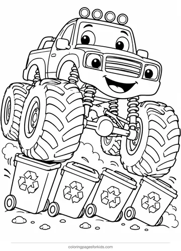 Monster truck coloring page of a truck rolling over recycling cans, medium printable for ages 5-7