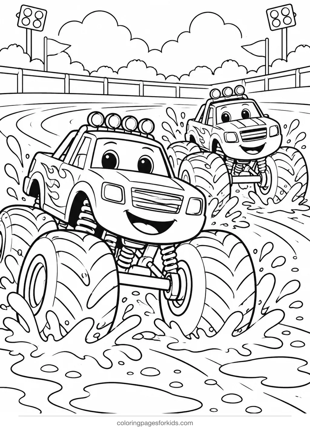 Monster truck coloring page of two trucks racing through mud, medium printable for ages 5-7