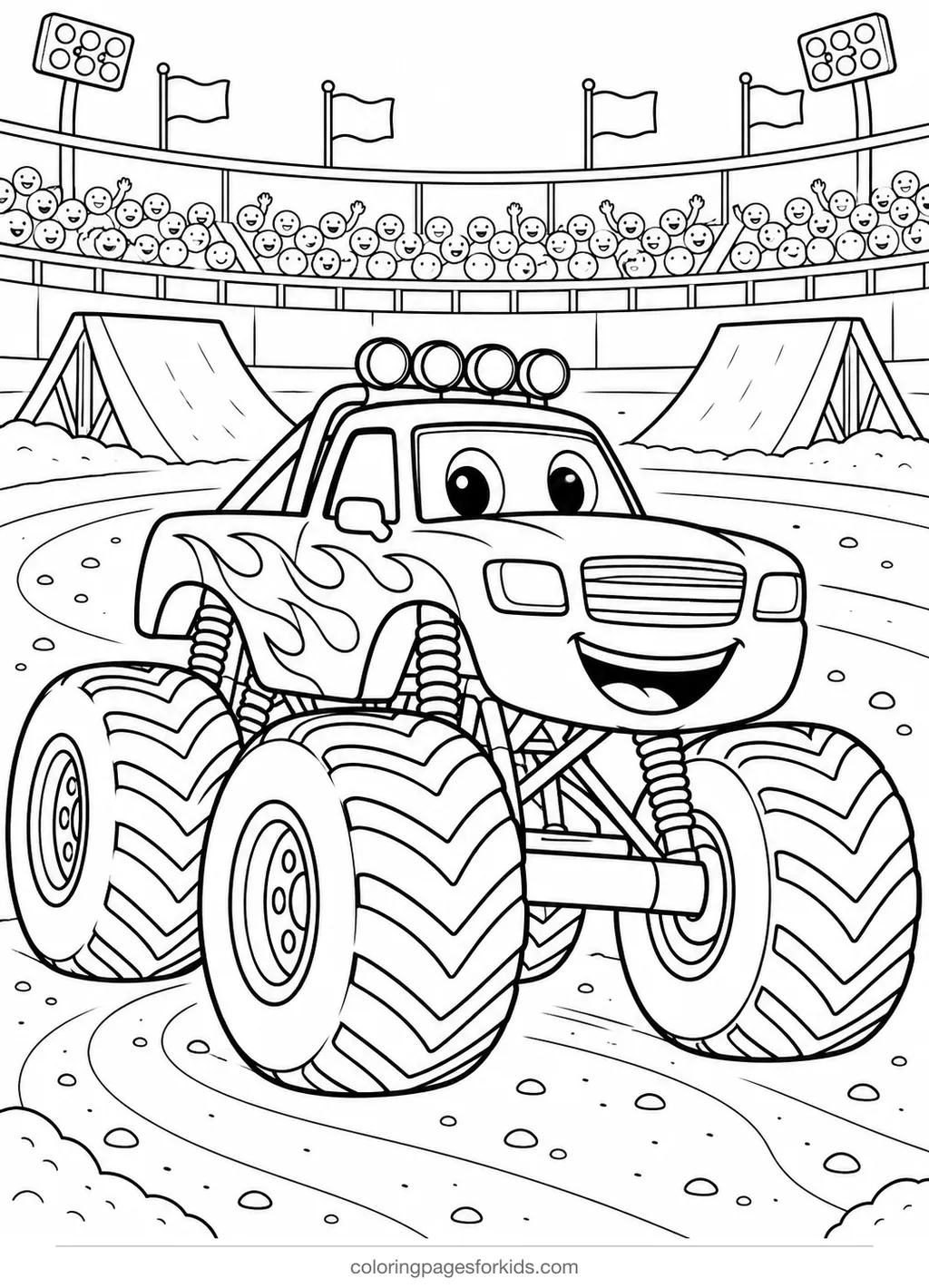 Monster truck coloring page of a truck in an arena with ramps, medium printable for ages 5-7