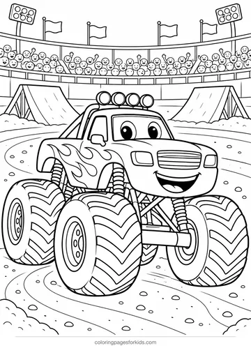 Monster truck coloring page of a truck in an arena with ramps, medium printable for ages 5-7