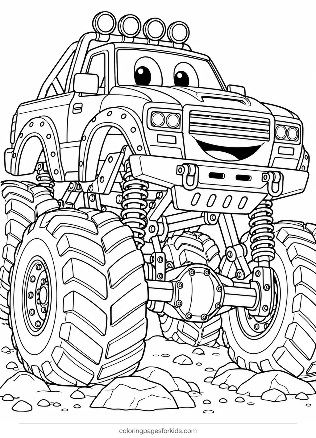Monster truck coloring page with tire treads and suspension details, detailed printable for ages 7-10