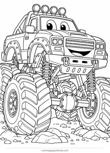 Monster truck coloring page with tire treads and suspension details, detailed printable for ages 7-10