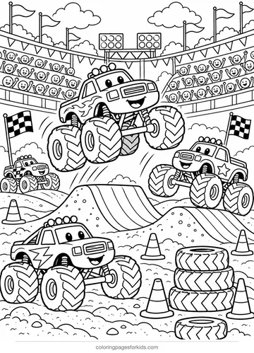 Monster truck coloring page of a rally with trucks, ramps and stands, detailed printable for ages 7-10