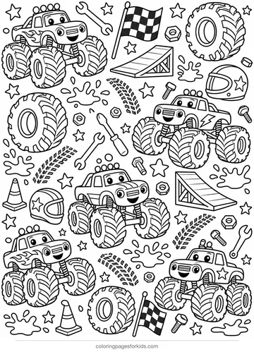 Monster truck coloring page with small trucks, tires and flags pattern, detailed printable for ages 7-10