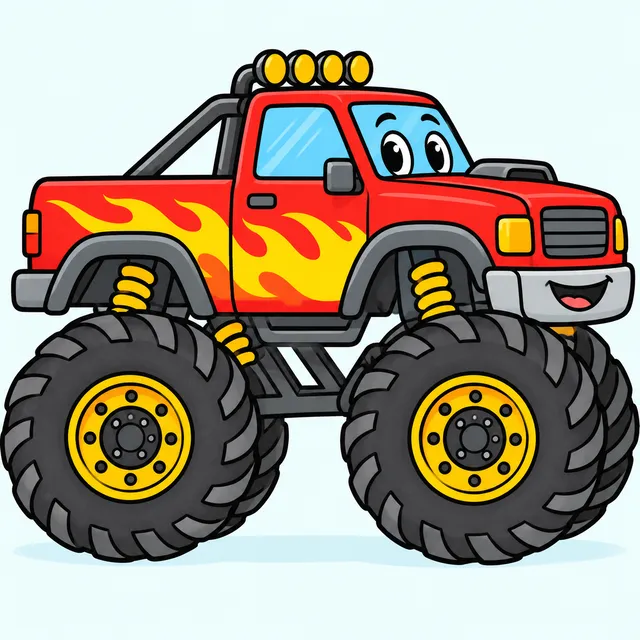 Colored example of a simple monster truck with huge tires for kids