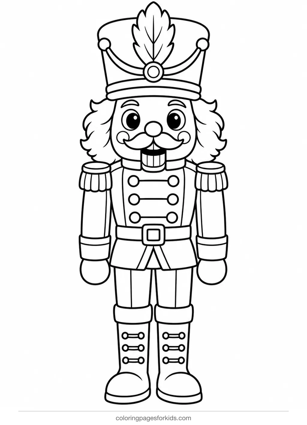 Nutcracker coloring page of a classic toy figure with tall hat and buttons, easy printable for ages 3-5