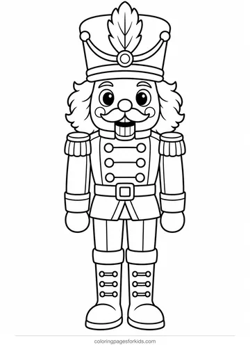 Nutcracker coloring page of a classic toy figure with tall hat and buttons, easy printable for ages 3-5
